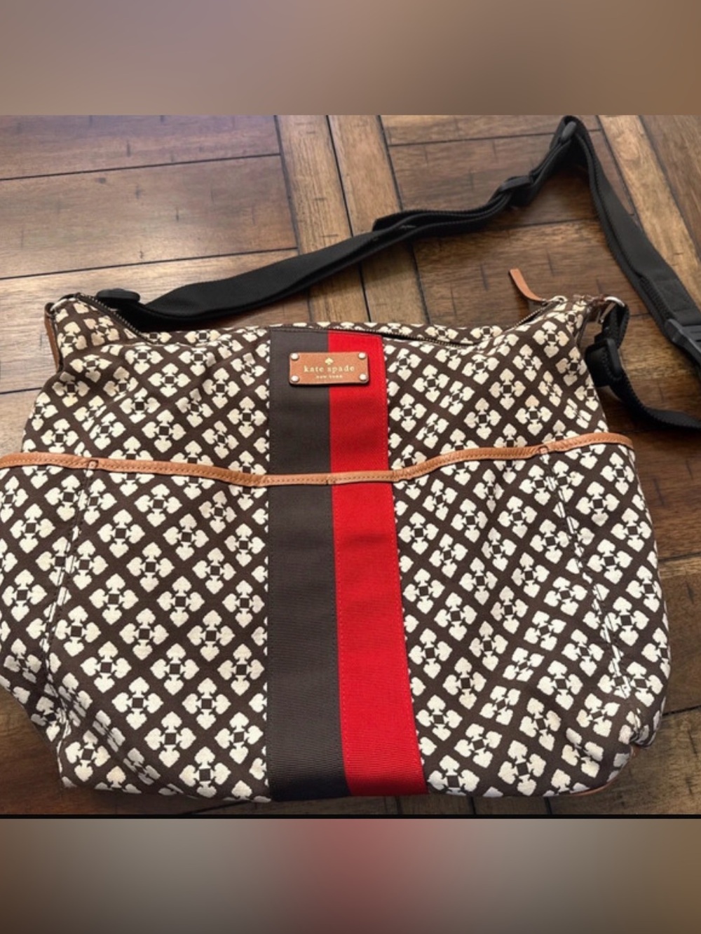 Kate Spade Brown Red Signature Print Large Messenger Crossbody Bag